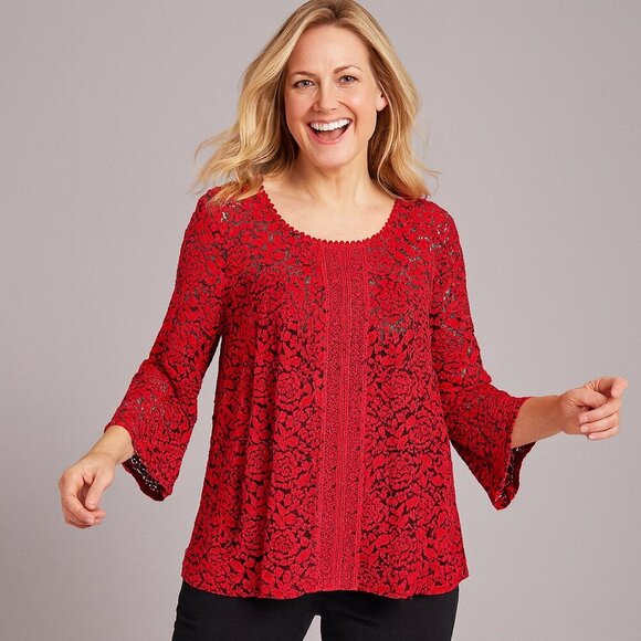 John Paul Richard Red Floral Burnout Lace Bell Sleeve Blouse Size M Y2K Romantic - Picture 1 of 8